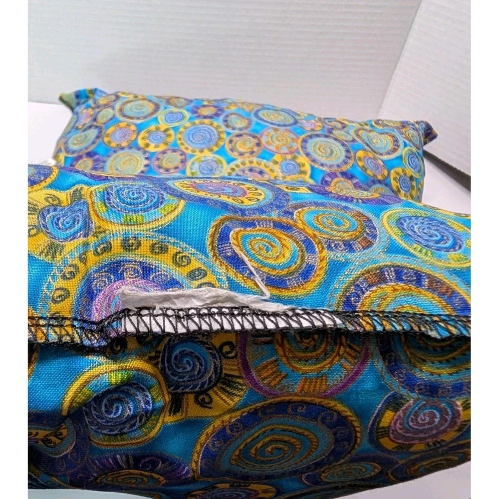 Set of 2 Decorative Pillows 12x16 Blue Gold Boho Swirl Pattern Meditation